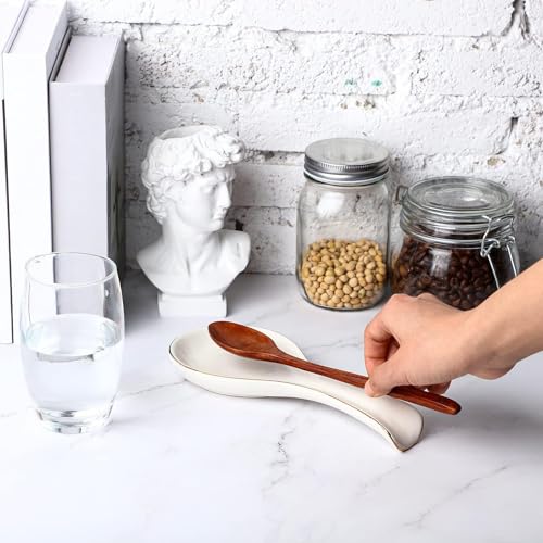 Image of Patelai Ceramic Spoon Rest Spoon Holder Stovetop for Kitchen Stove Coffee Bar Accessories Christmas Gift(White with Gold Brim,Classic Style)