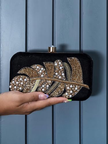 Image of THE TAN CLAN Afrah Hand Embroidered Leaf Clutches Purse Luxury Evening HandBags for Women