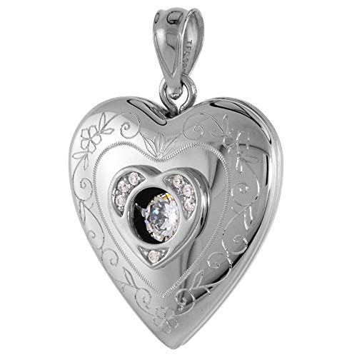 3/4 Inch Round Sterling Silver Cubic Zirconia Dancing Diamond Heart Locket Pendant For Women Scroll Etching 3/4 Inch No Chain #TOP15
