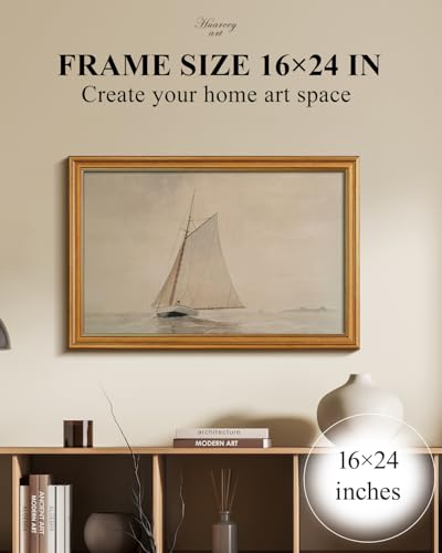 Image of HUARCEY Gold Framed Vintage Wall Art for Living Room, Seaview Painting Prints Shelf Decor for Kitchen, Aesthetic Bedroom Large Wall Art, Gifts for Friends or Family (White Sailboat - 16 inchx24 inch)
