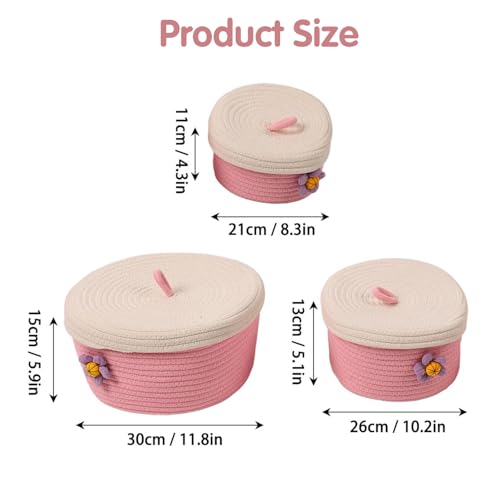 Image of Round Storage Baskets Set of 3, Woven Cotton Rope with Lids & Handles