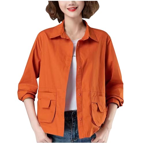 Womens Cropped Jacket Solid Collar Coat Cargo Jacket Barn Jackets Outerwear with Pockets Long Sleeve Lightweight Coat