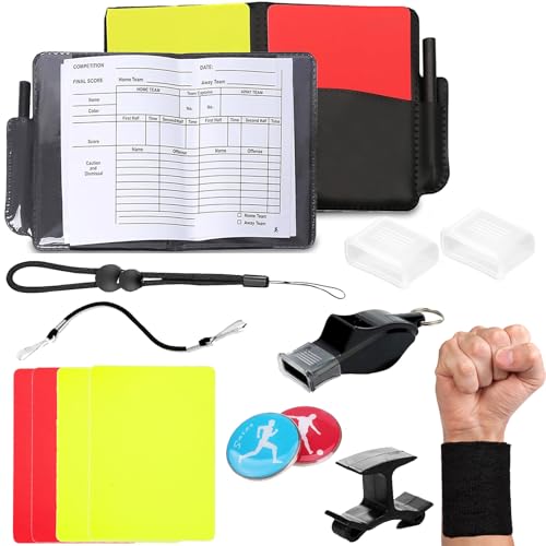 RTUOHUIN Schiedsrichter Set Fussball Schiedsrichter Karten Set Rote Gelbe Karte Schiedsrichter Pfeife Schiri Set mit Schlüsselband Doppelclip und Tasche Punktebuch für Fußballspiel Schulsport Sport