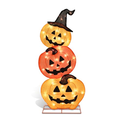 Lewis&Wayne OUTDOOR-LIGHTED-HOLIDAY-DISPLAYS Halloween Lighted Stacked Pumpkins Decoration, Pre-Lit With 50 Warm White Lights Jack-O-Lantern Pumpkins Lights, Halloween Light Up Pumpkin For Indoor, Outdoor thumb #1