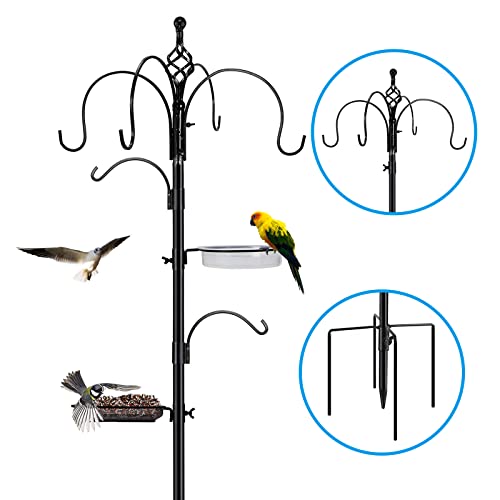 Bird Feeding Station,75 inch Wild Bird Feeder Pole with Water Bath Tray,Suet Feeder & Seed Tray, 6-Hook Bird Feeders Hanging Kit with 4-Prong Base,Metal Bird Feeder Station Heavy Duty for the Garden
