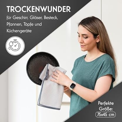 NATARO® 4 Stück Kitchen Dry Geschirrtücher – Premium Microfaser Abtrockentuch, streifenfreie und fusselfreie Waffeltücher für Ihre Küche, inkl. GRATIS Spültuch, hellgrau, 70x45 cm – Bild 3