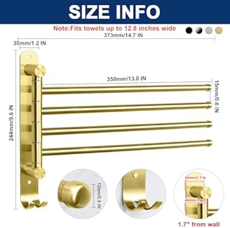 NearMoon Swivel Towel Rack, 13.8" Thicken 304 Stainless Steel 4-Arm Towel Bar, Space Saving Wall Mounted Towel Holder with Hook, Rustproof Swing Out Towel Hanger for Bathroom, Kitchen (Brushed Gold)