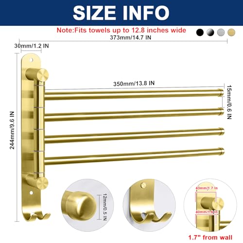 NearMoon Swivel Towel Rack, 13.8" Thicken 304 Stainless Steel 4-Arm Towel Bar, Space Saving Wall Mounted Towel Holder with Hook, Rustproof Swing Out Towel Hanger for Bathroom, Kitchen (Brushed Gold)