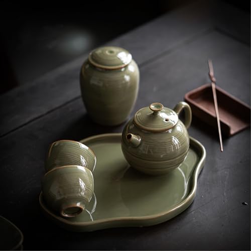 Théière et tasses de thé chinois cyan en céramique artisanale d'exception - 6
