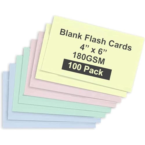 MARKQ Blank Flash Cards 100 Pack Plain Colored Index Cards for Business Office School Learning Revision Record Cards 4 x 6 180GSM