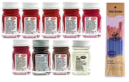 Testors Red Enamel Paint Variety, Gloss Red, Flat Red, Dark Red, Metal Flake Red, Metallic Red, Stop Light Red, Rust, Cherry, and Thinner, 1/4 oz (Pack of 9) - with Make Your Day Paint Brushes