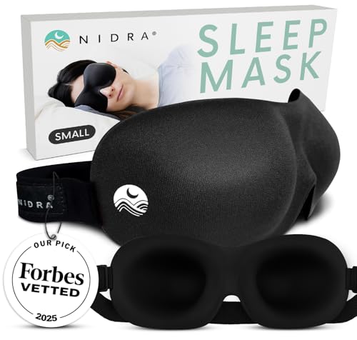 Nidra Contoured Sleep Mask for Side Sleepers – Zero Pressure Fit, Light Blocking Eye Shade for Sleeping & Travel – Black, Small Size