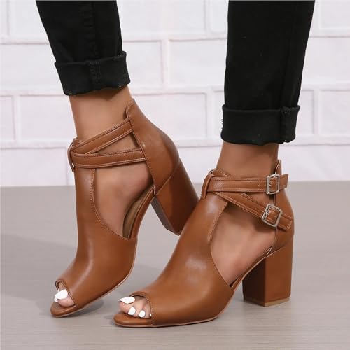 TOSOFT Women Leather Sandals Summer Nude Open Toe Chunky Heel Ankle Booties Big Footed Ladies Heeled Casual Shoes US5-112