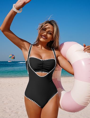 Image of ZAFUL Bikini Sets for Women Color Block Ruched Bandeau Bikini V Neck Tummy Control Swimsuit Romper 2 Piece Bathing Suit