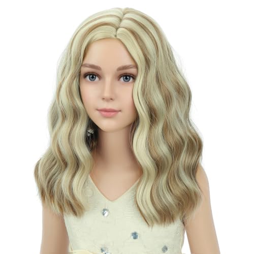 Image of PATTNIUM Blonde Brown Short Curly Wavy Wigs for Kids Girls Side Part Blond Mixed Brown Shoulder Length Heat Resistant Synthetic Wig Halloween Cosplay Costume Party Wigs