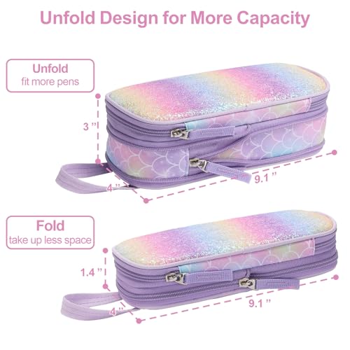 Image of Pencil Case for Girls - Expandable Big Capacity Pencil Cases for Kids Special Pencil Pouch for Girls Sparkly Kids Pencil Bag for School (Glitter Purple, Mermaid)