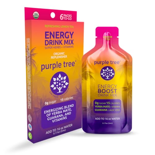 Image of purple tree Organic Energy Stick Packets - Zero Sugar, 80mg Natural Caffeine from Yerba Mate & Guarana, with B12 Vitamins for Smooth, Crash-Free Energy - Lemon Iced Tea Flavor, 6 to-Go Packs