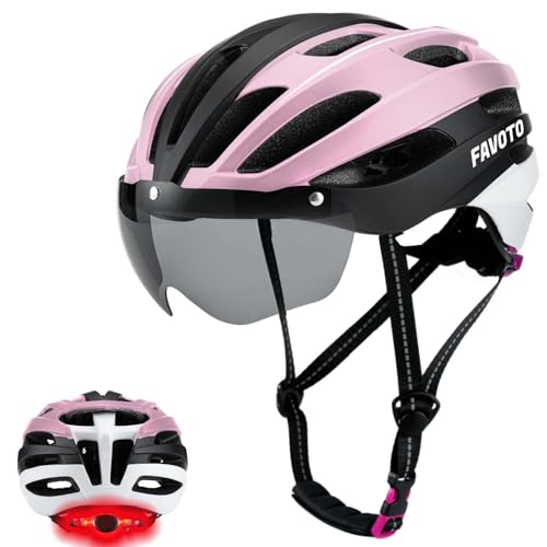 Favoto Casco de Bicicleta para Mujeres y Hombres con Luz - Tamaño Ajustable Material EPS Visera Desmontable Diseño con Luz Trasera 57-61cm Rosa