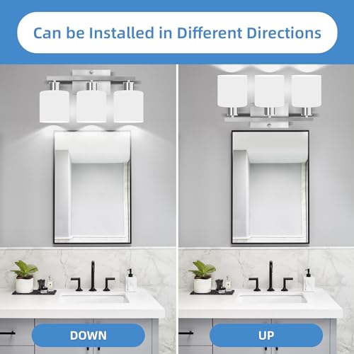 Image of SILAMPDI Bathroom Light Fixtures Brushed Nickel, 3-Light Bathroom Lights Over Mirror, Bathroom Vanity Lights for Bedroom, Living Room, Hallway, Milky White Glass Shades, E26 Base, Bulbs Not Included