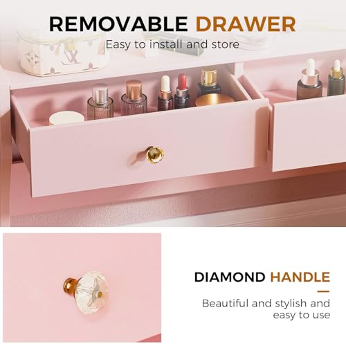 COMHOMA Makeup Vanity Desk with Mirror and Lights, Vanity Table and Chair Set with 5 Drawers and Charging Station, Bedroom Dresser LED Mirror Stepless Dimmable & 3 Color Modes Adjustable, Pink
