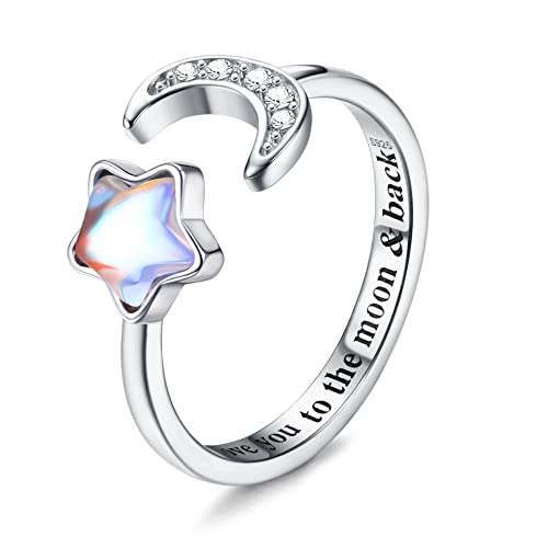 KRFY Bague en Argent Sterling 925 Femmes Filles Bague Réglable Pierre de Lune Opale CZ Bague Ouverte I love you to the Moon & Back Bague Fiançailles Mariage...