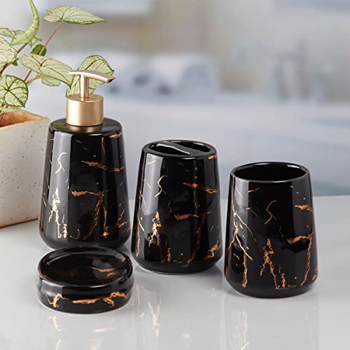 Image of Kookee Ceramic Bathroom Set - Stylish 4 Piece Bath Accessories Kit with Soap Dispenser, Toothbrush Holder, Tumbler & Soap Dish - Modern & Designer Decor for Home & Guest Bathrooms, Black /Gold (9747)