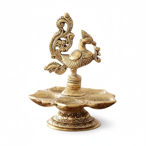Image of Metal Peacock Oil Lamp Diya, Traditional 5-Wick Diya, 13 cm Height, 160 gm, Antique Gold Finish