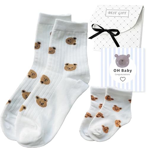 AIKOBAA Mother and Baby Matching Socks Gift Set - OH Baby Congratulations Card & Gift Box Newborn Baby Shower Present for Mum to Be Push Present New Mom Maternity Gift (White+White)