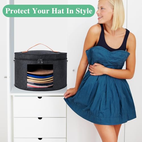 Hat Box, Round Hat Storage Boxes for Women & Men, Foldable Felt Hat Boxes with Lids, Carrying & Storing Various Types of Hats, FoldableTravel Cap Boxes (16.5" D x 9.5" H, Dark gray)
