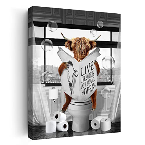 Blueyearn Bathroom Decor Wall Art Black And White Wall Decor Farm Highland Cow In The Toilet Wall Art Animal Canvas Prints Funny Highland Cow Modern Giclee Wall Decor Farmhouse Artwork 12X16 Inch #TOP23