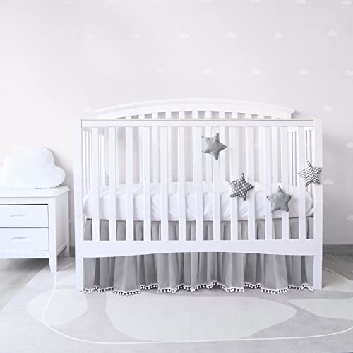 Image of Crib Skirt with Pompoms Grey, 14 inch Drop, Fits Standard Crib | 5-Sided Coverage, Pleated with Pompoms, Fade & Wrinkle Resistant, Machine Washable