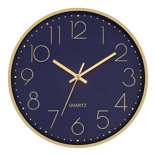 Foxtop Modern Wall Clock 12 Inch Silent Non-Ticking Battery Operated Round Quartz Gold Wall Clock for Living Room Bedroom Kitchen Office Classroom Decor (Dark Blue Dial)