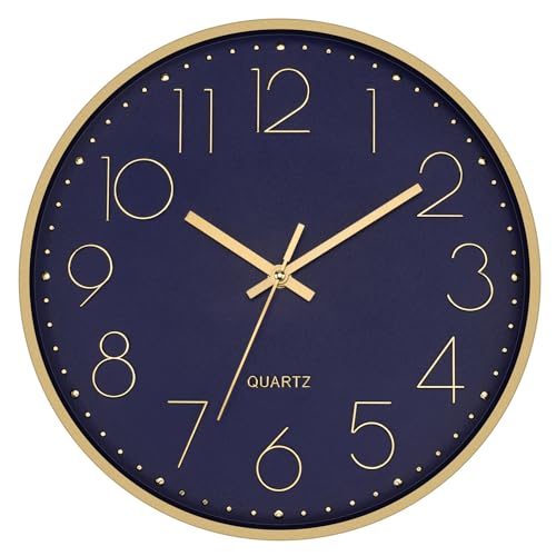 Image of Foxtop 12 inch Modern Wall Clock Silent Battery Operated Metal Gold Clock | Dark Blue Dial, Non-Ticking, Round, Analog Clock, Quartz, Easy to Read, Living Room, Bedroom, Kitchen, Office