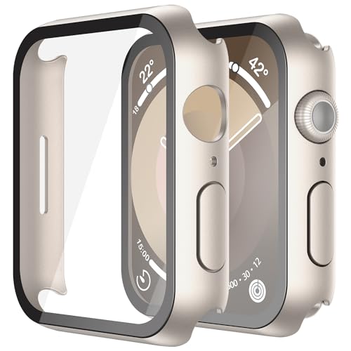 Misxi 2 Pack Hard PC Case with Tempered Glass Screen Protector Compatible with Apple Watch Series 9 Series 8 Series 7 41mm Anti-Drop Scratch Resistant Lightweight Cover for iWatch 2 Starlight
