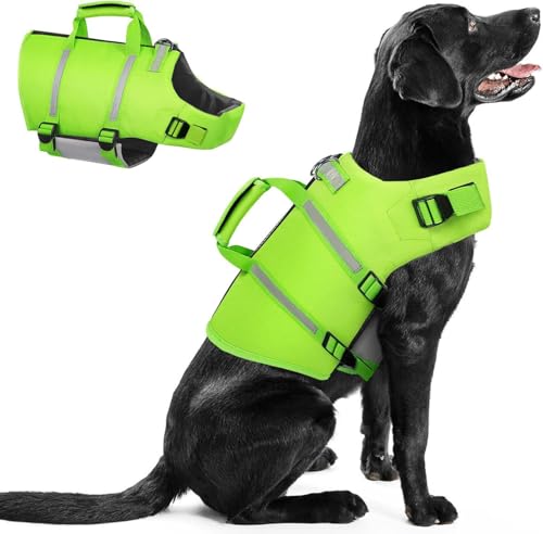 Queenmore Dog Life Jacket Dog Life Vest for Swimming XL Dog Swim Vest Lightweigth Adjustable Reflective Puppy Pet Float Life Preserver Vest with Back Zip Rescue Handle Metal Hook (Green XL)