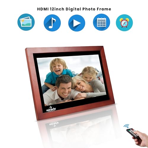 Image of Miracle Digital 12'' HDMI Wooden Hi-Def Digital Photo Frame Premium Mirror Finish,Remote SlideShow,Video Audio,Built in 8GB Memory & 2GB RAM (Dark)