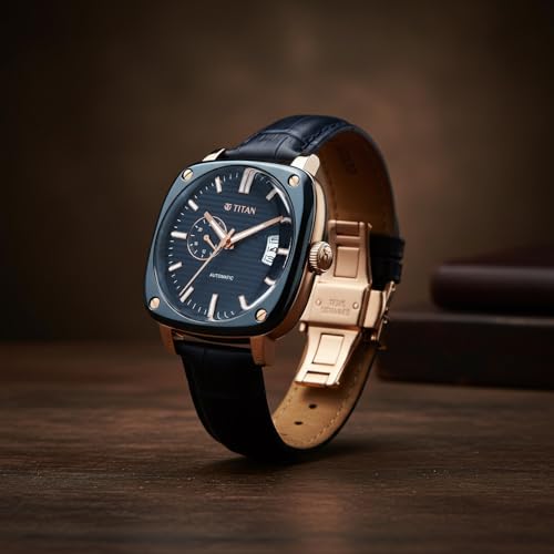 Image of Titan Vintage Concealed Automatic Analog with Blue Dial Blue Leather Strap Watch for Men - 90225KL02