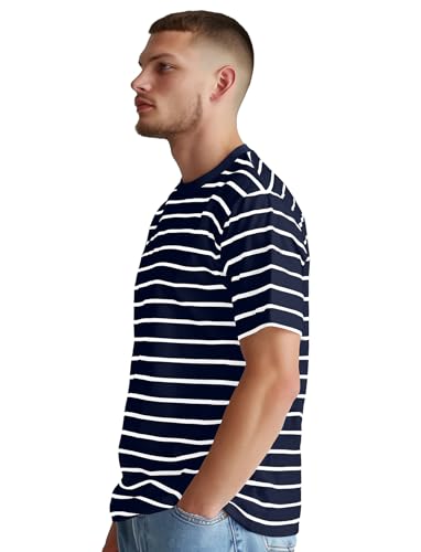 Zengjo Mens Striped T-Shirt Short Sleeve Crewneck Classic Horizontal Stripe Tee Top3