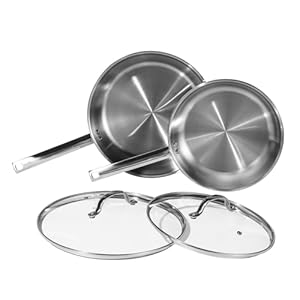 DELUXE Stainless Steel Pan Set 4-Pieces, 10&12-Inches Skillet with Lid, Stay-cool Handle& Heavy Bottom Stainless Steel Frying Pan, Dishwasher Oven Safe,Cooking Pan Suit for All Cooktops