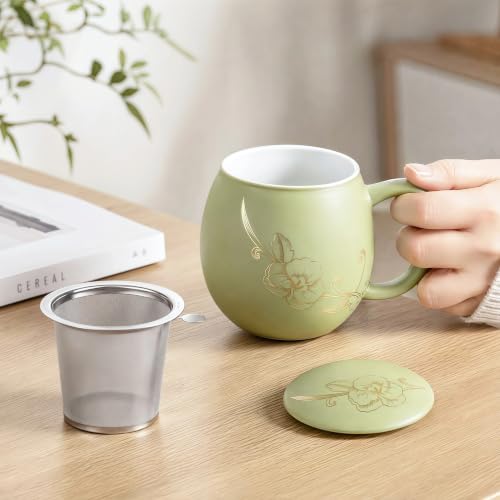 Image of Yundu 12 OZ Ceramic Mug with Lid & Tea Strainer - Matte Light Green Tea Cup with Golden Flower, Stainless Steel Infuser for Loose Leaf Tea