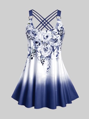 ROSE GAL Womens Plus Size Curve Ombre Color Floral Print Crisscross Modest Tankini Swimsuit Set2