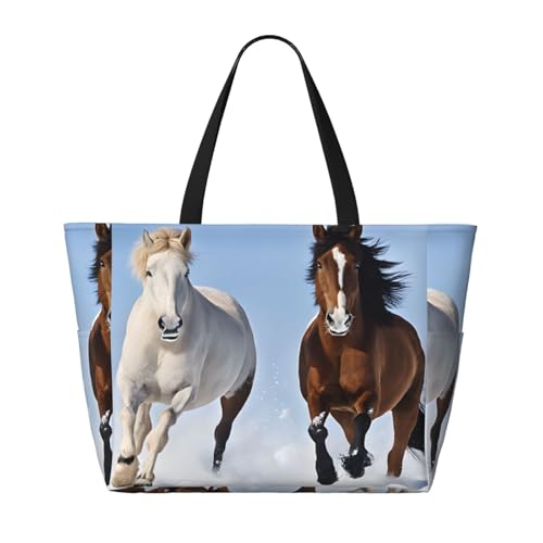 (Black and White Horses Running) Large Beach Tote Bag for Women Waterproof Sandproof Travel Shoulder Bag with Pocket for Pool Vacation Weekend Gym2