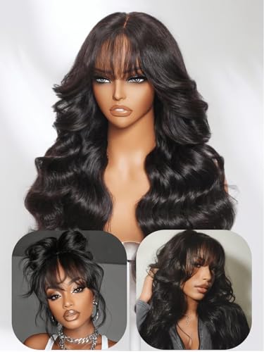 Image of UNICE Loose Wave 7x5 Lace Front Wigs Human Hair with Curtain Bangs Bye Bye Knots Glueless Human Hair Wig Pre Plucked Pre Cut Bleached Knots Put on and Go Wig for Women 180% Density 18 Inch