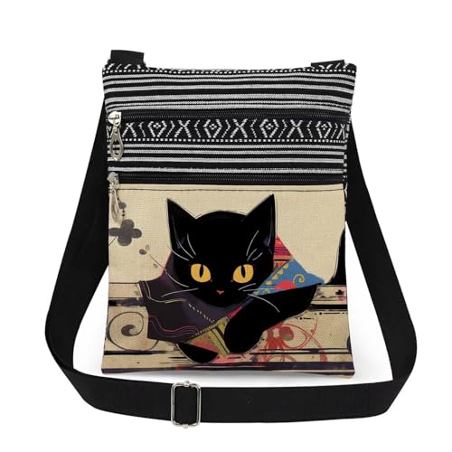 Cat Print Crossbody Bag Black Feline with Multi-Color Messenger Bag Adjustable Shoulder Strap Unique Gift for Art-Loving Sister​​ Travel Stylish Adult Purse Cat Lovers Gift