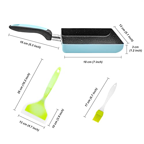Japanese Tamagoyaki Omelette Egg Pan（Blue）, 7" X 6" Inch Non-Stick Coating Retangle Small Frying Pan, Gas Stove And Induction Hob Compatible, Dishwasher Safe, With Silicone Spatula & Brush（Green) #TOP6