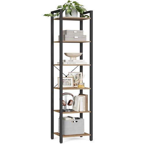 VASAGLE Regal, Bücherregal, Standregal, DVD-Regal, mit 6 Ebenen, Büroregal, offene Ablagen, für Büro, Wohnzimmer, Schlafzimmer, Küche, 30 x 40 x 186 cm, weizenbraun-tintenschwarz LLS101B48