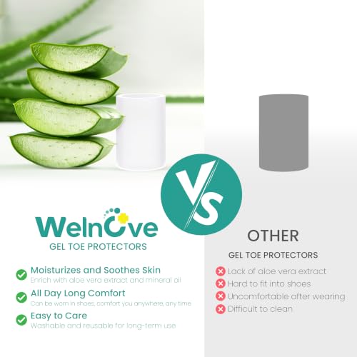 Image of Welnove Toe Protectors - 18-Pack Aloe Vera Extract Infused Silicone Toe Sleeve Toe Covers for Hammer Toes, Corns, Calluses, Blisters - Soft Gel Protector Toe Cushions for Pain Relief (Multi-Size)