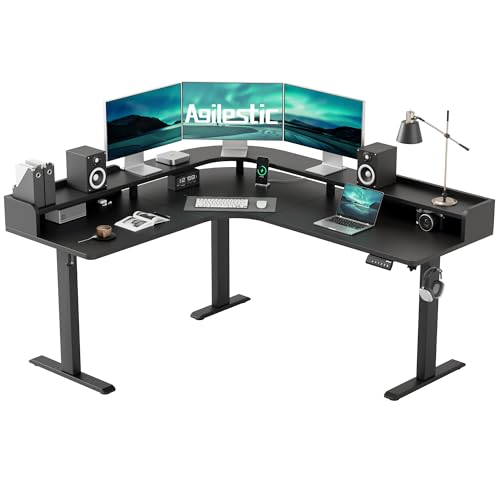 Image of Agilestic L Shaped Standing Desk, Corner Desk with Monitor Shelf, Adjustable Height Gaming Table, Sit Stand Up Table, 63 x 55 Inch Home Office Computer Workstation, Splice Board, Black