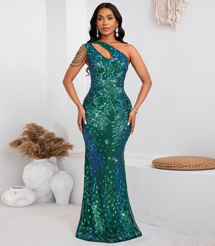 Image of Cololura Women Sequin Elegant Sexy One Shoulder Tassel Mermaid Bodycon Cocktail Evening Dress