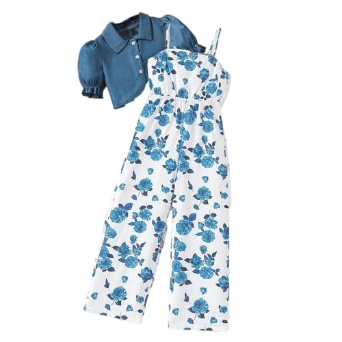 Asbabiy Girl's 2 Piece Jumpsuits Casual Overalls Rompers Outfits Puff Sleeves Top and Blue Rose Print Wide Leg Pants (Blue,12-13Y(59-62 IN))